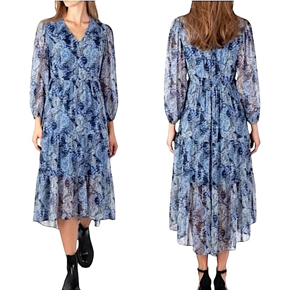 Joie Dress Womens Polyester Blue Parisian Paisley Floral V Neck High Low Midi XL